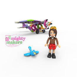 Mighty Makers Toy ad - plane made of k'nex a girl pilot doll and a blue bird