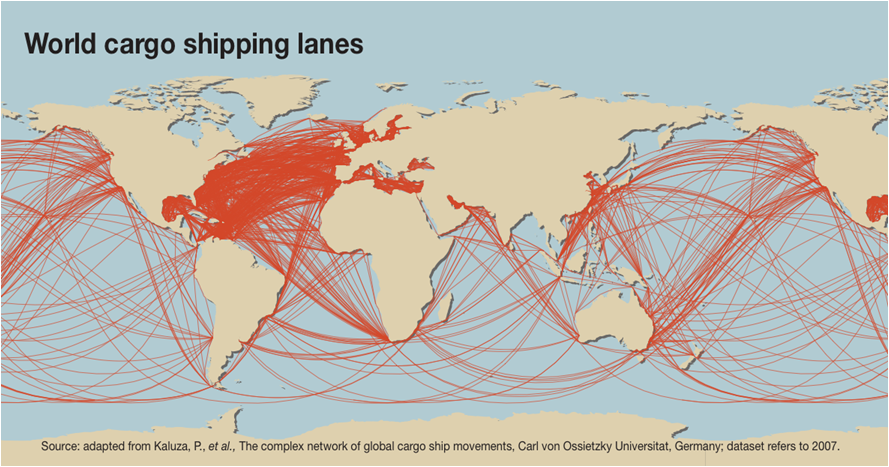world map with red lines representing world cargo shipping lanes